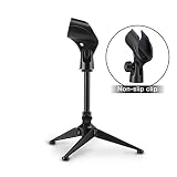 Moukey MMs-4 Universal Adjustable Desk Microphone Stand Portable Foldable Tripod Mic Desktop Stand with Small Plastic Microphone Clip For Sm57 Sm58 Sm86 Sm87 Blue YetiBlue Snowball iCE