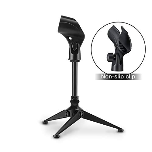 Moukey MMs-4 Universal Adjustable Desk Microphone Stand Portable Foldable Tripod Mic Desktop Stand with Small Plastic Microphone Clip For Sm57 Sm58 Sm86 Sm87 Blue YetiBlue Snowball iCE