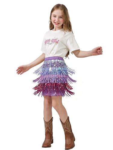 LOLANTA Girls Fringe Sequin Skirt with Built-in Pants for Carnival Iridescent Design Performance for Dance and Festival