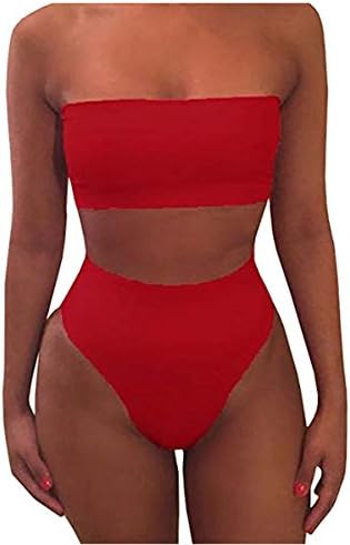 Honey Boutique Women Sexy Plain Bandeau Top High Waist Bottom Bikini Set