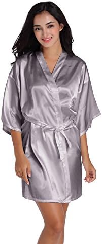 SIMJOY Women's Satin Short Kimono Robe Plain Dressing Gown Bathrobe Bridal Party Robe, Grey, Medium