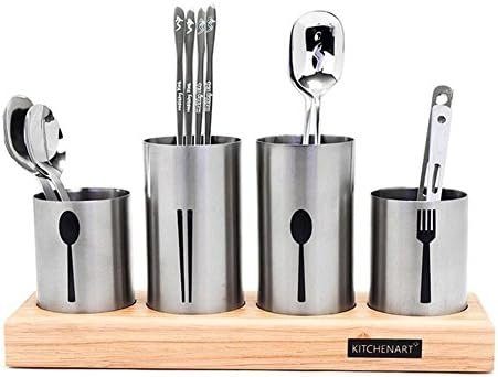Kichen Art, Stainless Steel Flatware Organizer Holder Caddy With Wood Base 4Pcs & Free Gift (Key Ring)