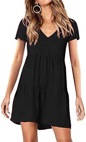 Women Casual Polka Dot V Neck Long Sleeve Swing Dress Pleated Ruffle Tunic T-Shirt Dress Plain Loose Mini Dresses
