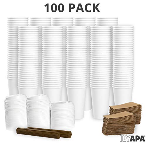 image for Ilyapa 100 Pack - 16 oz To Go Coffee Cups with Sleeves, Lids & Stirrer