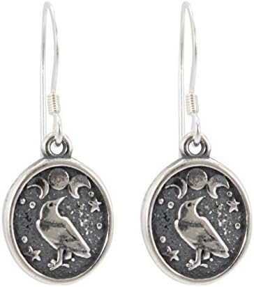 Lunar Moon Phase Raven Dangle Earrings in Sterling Silver, #6291-ss