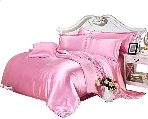 Massari SATIN 6 PIECES COMPLETE BEDDING SET Silky Silk Duvet Cover Fitted Sheet 4 Pillowcase King and Double Size Complete 6 PCS Bedding Set (Pink, Double)
