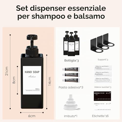 Anhow 3 Pieces Bath Soap Dispenser, 500 ml Wall Mounted Shower Dispenser Set Without Drilling Shampoo and Body Wash Dispenser with Label for Bathroom Shower Kitchen – Black
