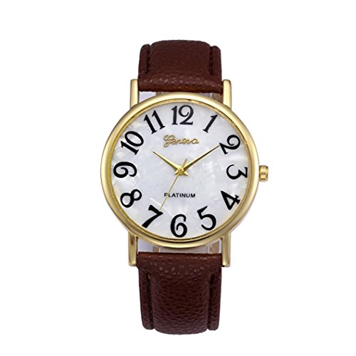 Balakie Watch Retro Digital Dial Leather Band Quartz Analog Wrist Watches Arabic Numerals Easily Reader (Brown, alloy)