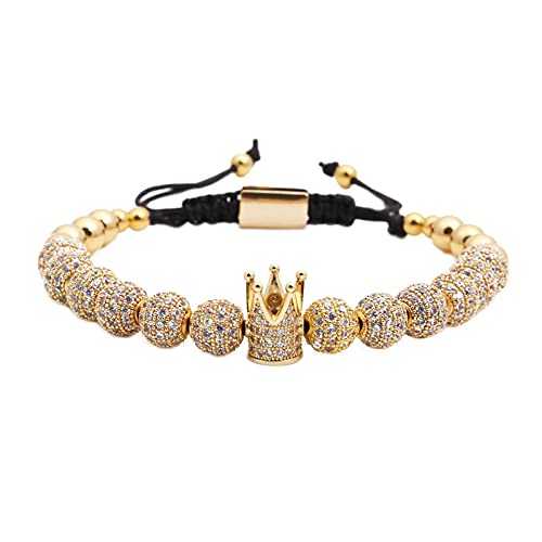 Cutenation Imperial Crown King 18K Gold CZ Beads Bracelet Luxury Charm Fashion Bangle for Men Women (Single Gold)