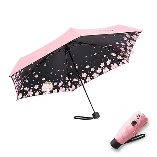 Meiyijia Compact and Foldable Umbrella, UV Protection, Portable Voy, Mini Lady Umbrella - Manual Switch - Pink - Cat Design - Unfold 90cm, 90cm