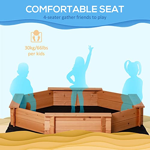 Outsunny Kids Sandbox with Cover, Octagon Wooden Sand Box with Seat, Outdoor Children Sand Pit for Backyard, Garden, Beach, 55" x 55" x 8.5", for Ages 3-8