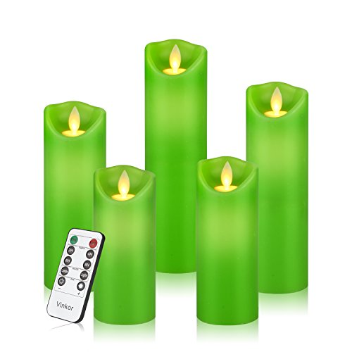 Vinkor Flameless Candles Flickering Battery Operated Candles 4" 5" 6" 7" 8" Set of 5 Classic Real Wax Pillar With Moving LED Flame & 10-key Remote Control 2/4/6/8 Hours Timer 400+ Hours(Green)