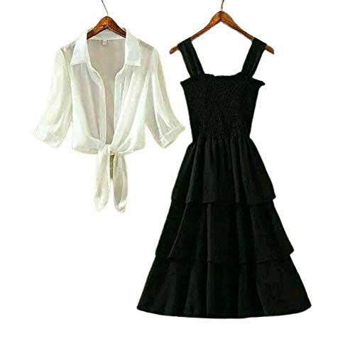 Milkyway Women Medium Stylish Long Ankle Length 3 Layer Elegant Dress with White Shrug - Black 