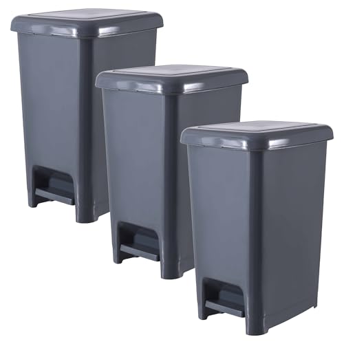 Superio Slim Trash Can with Foot Pedal – 16 Gallon Step-On Trash Can, Garbage Can, Small Trash Can for Bathroom, Kitchen, Office, Patio, or Backyard – Onyx Grey (3 Pack)