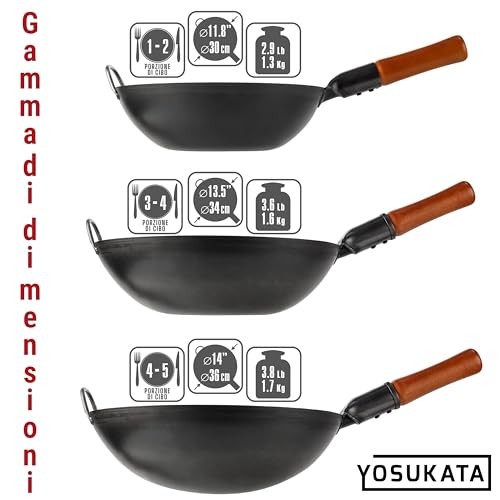 YOSUKATA Professional Wok Frying Pan 34 cm – Traditional Carbon Steel Wok, Original Chinese Preconditioned Flat Bottom – Suitable for Gas, Induction, Electric and Open Fire (Black)