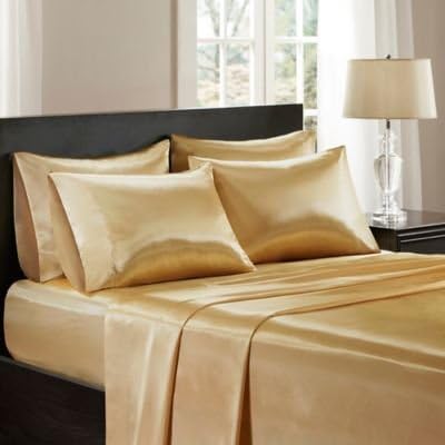 Bedify Bedding 100% Pure Silk Satin Sheet Set 7pcs, Silk Fitted Sheet 15'' Deep Pocket,Silk Flat Sheet,Duvet Cover&Pillowcases |Cool Soft Silk Sheets|Wrinkle Free Fade Resistant| Queen, Dark Ivory