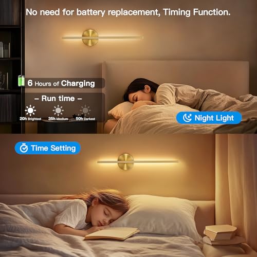 TaoFiaCo 60CM Gold Indoor LED Wall Lights - Wireless Wall Lamp 3 Colour Temperatures - Battery Wall Light with Remote Control for Bedroom, Living Room, Dining Room