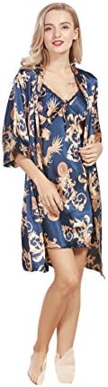 SheSmile Women Lingerie Robe 2-Piece Silk Robe Chinese Dragon Style Thin Sexy Nightgown