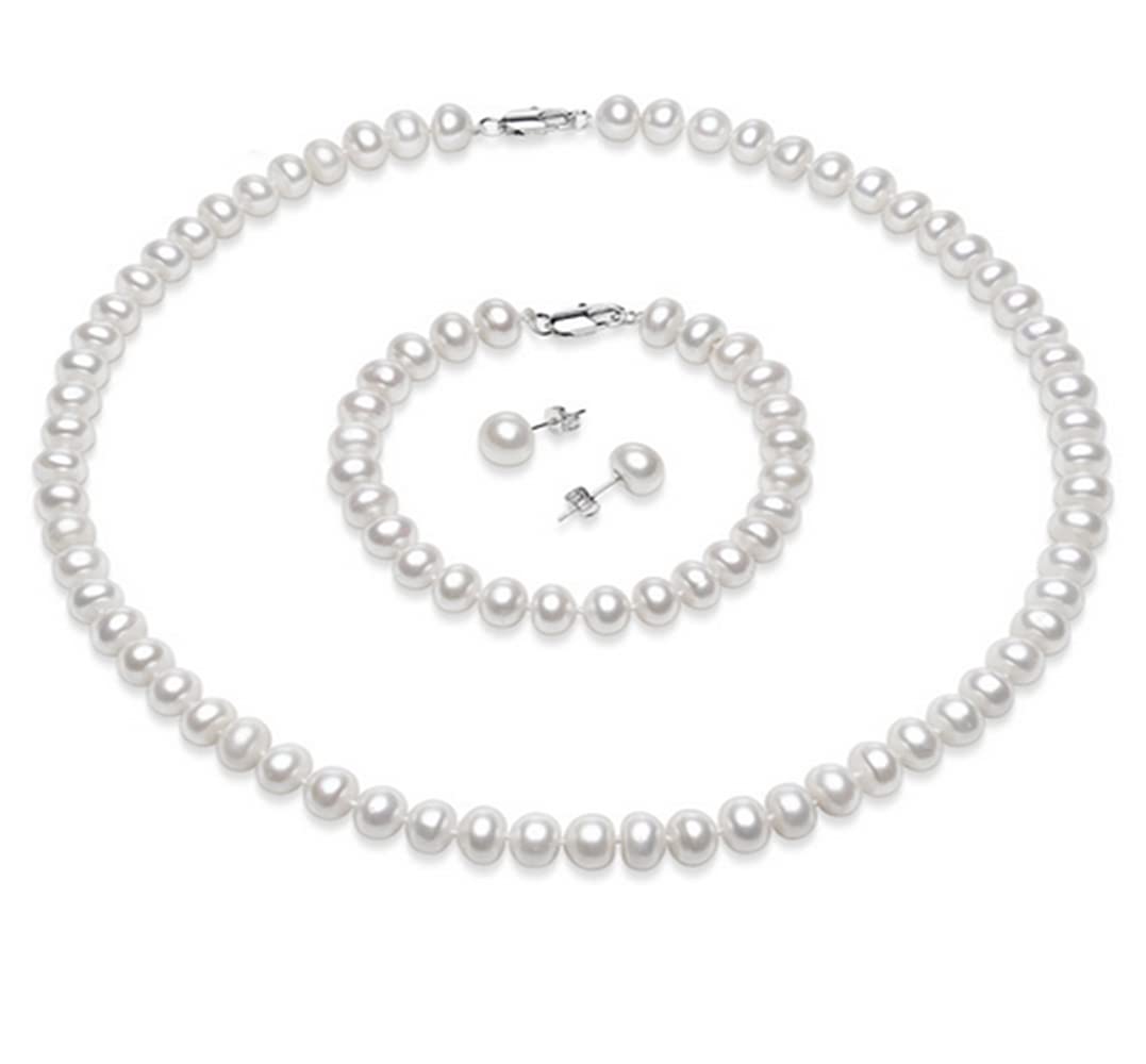 Treasure Bay Women's Pearl Jewellery Set - Stunning 7-8mm White Freshwater Pearl Necklace and Bracelet Earrings Jewellery Set Bridal jewellery Gift for Her