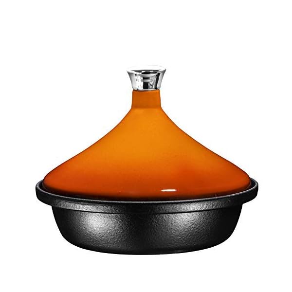 Bruntmor Pumpkin Color Cast Iron Moroccan Tagine 4Quart Cooking Pot with Silver knob, Enameled