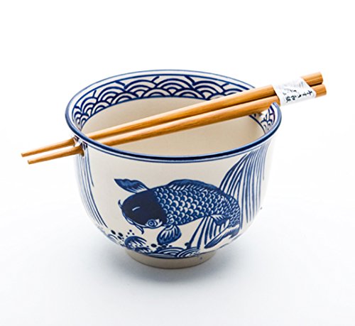 Happy Sales HSRB-COIBLU, Japanese Ramen Udon Noodle Bowl with Chopsticks Gift Set, Blue Coi