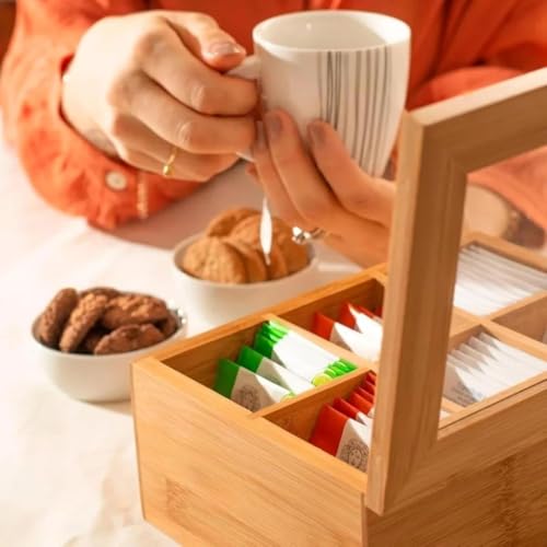 Caixa De Chá e Café Com 6 Divisórias Multiuso - Organização Elegante Para Cozinha ou Escritório Armazenamento De Especíarias e Temperos Bambú Sustentável