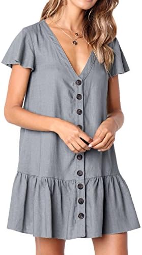 Bbalizko Womens Cute V Neck Short Sleeve Buttion Down Loose Fit Ruffle Mini Dresses