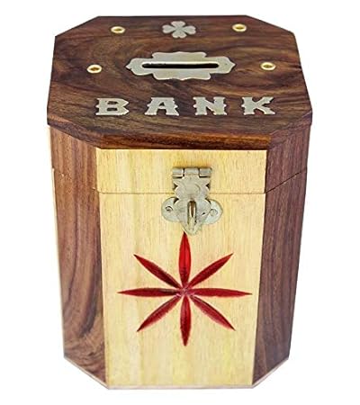 UniqueKrafts Wooden Handmade Money Bank Octagonal Shaped with Red Cutter Flower Chess