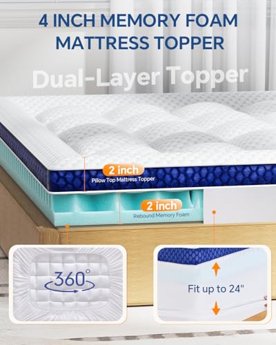 BEDELITE Dual Layer 4 Inch King Size Memory Foam Mattress Topper | 2 Inch Soft Pillow Top Mattress Pad Cover and 2 Inch Gel Memory Foam for Pressure Relief, 2-in-1 Design for Comfort & Support