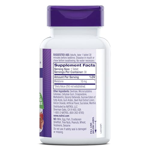 NATROL FAST DISSOLVE MELATONIN 10 MG, MELATONIN SUPPLEMENTS FOR RESTFUL SLEEP, SLEEP SUPPORT FOR ADULTS, 30 STRAWBERRY-FLAVORED TABLETS, UP TO A 30 DAY SUPPLY