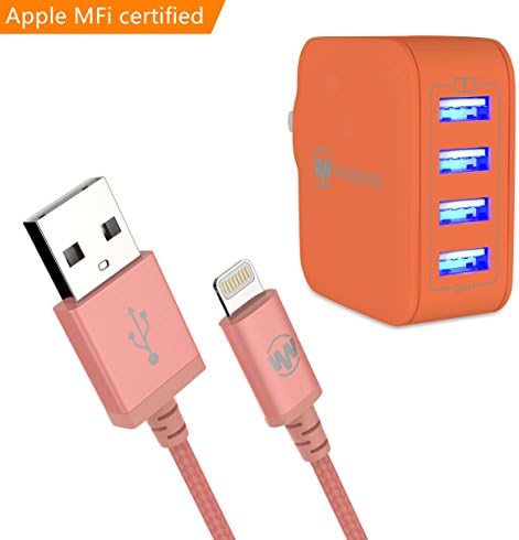 iPhone Charger, Smart Multi-Port USB Travel Wall Charger with Hidden LED Indicator Light by Wanshine (4USB Orange LED + Lightning Rose)