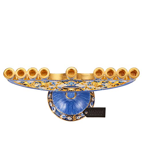 Matashi Hand Painted Blue Enamel Pomegranate Design Menorah Candelabra Embellished with Gold Accents and Crystals Jewish Candle Holder Hanukkah Gift Housewarming Showpiece Centerpiece for Living Room - Thumbnail 2