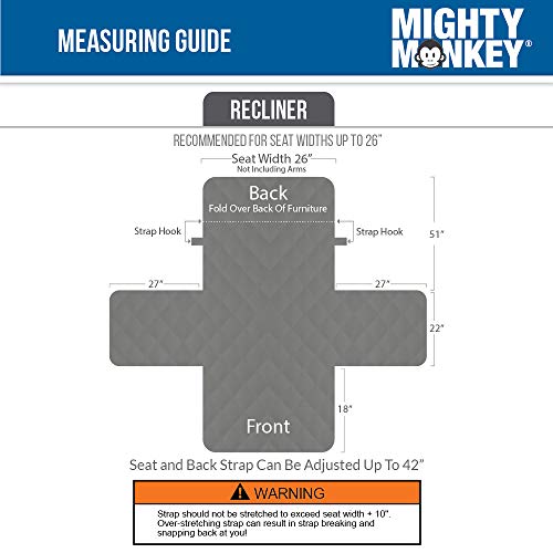 MIGHTY MONKEY Premium Slip and Water Resistant Recliner Slipcover, Seat Width Up to 26 Inch, Oeko Tex Certified, Suede-Like, Absorbs 2 Cups of Water, Cover for Recliners, Dogs, Recliner, Gray