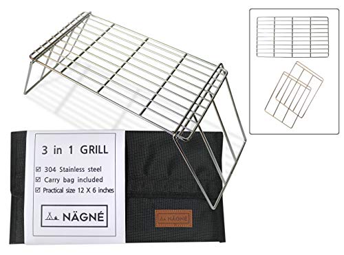 NAGNE – bushcraft backpacker’s grill grate set – welded 304 stainless steel – 3 in 1 design – cooking grate, mini table, stand leg can be cooking grill – carry bag included – compact size perfect gear