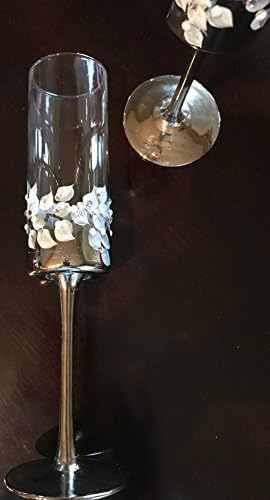 Silver and Cream Hand Painted Wedding Champagne Flutes Set of 2