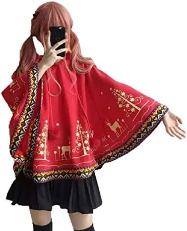 トナカイ柄 ケープ ポンチョ レッド クリスマス コート アウター レディース カーディガン 冷房対策 ジャケット 暖かい フリーサイズ 防寒 厚手 マント Aライン ロング 長袖 袖付き フード付き 体型カバー