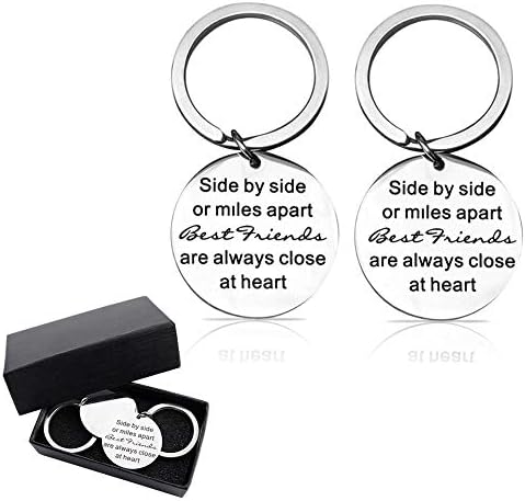 Best Friend Keychain - Side by Side Or Miles Apart Close at Heart Gifts for Women Teens Girls Sisters Birthday Gifts Stainless Steel Keychain