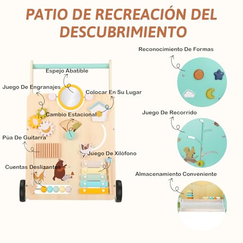 Muja Andadera para Bebe, Carrito para Bebe con Juguetes, Mesa Centro de Actividades, Juguetes de Madera Natural para Niños Pequeños, Desarrollo de la Motricidad (Tipo B)