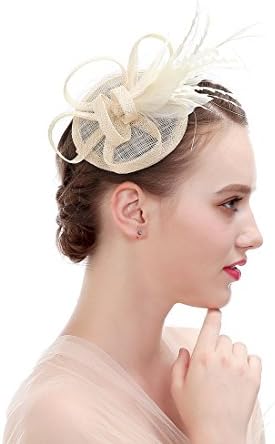 Feather Sinamay Fascinator Headband Mini Top Pillbox Hat for women (Ivory)