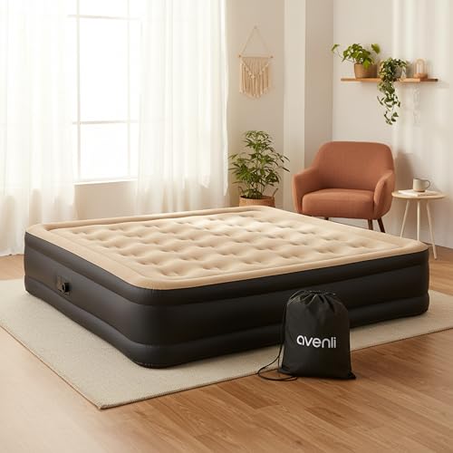 AVENLI Matelas Gonflable 2 Personnes 203x157x47 cm, Lit Gonflable Autogonflant Double avec Pompe Électrique Intégrée, Matelas pour Camping & Lit d'Appoint, Coil-Beam, Beige