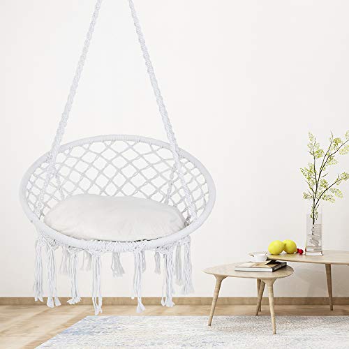 Patio Watcher Hammock Chair Hanging Macrame Swing with Cushion and
