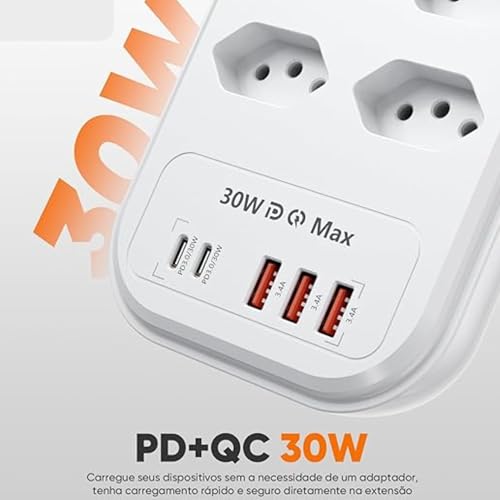 Filtro de Linha,Extensão Eletrica,Extensão Tomada,Régua Tomada 3 Interfaces USB,2 Portas USB Tipo-C,Cabo de Alimentação de 2Metros,Potência de 2500w,Suporta a Tensão de 110-220V Branco(8 Tomadas)
