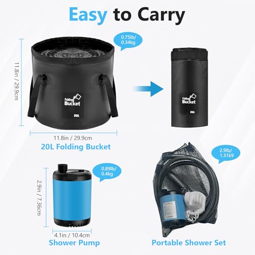 Portable Camping Outdoor Shower, 10000mAH Rechargeable Electric Pump 5 gal Collapsible Bucket Intelligent Digital Display 5 Shower Modes IPX8 Waterproof for Hiking, Travel, Pet Bath, Beach, RV