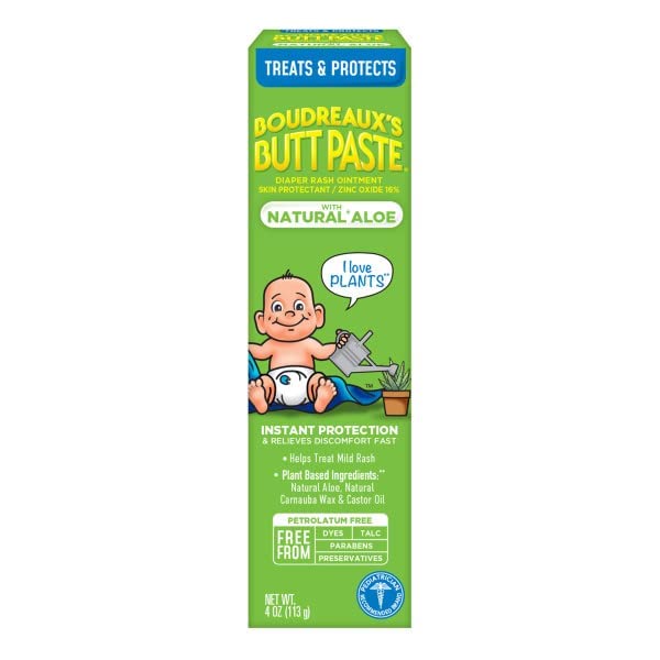 Boudreaux's Butt Paste with Natural* Aloe Diaper Rash Cream, Ointment for Baby, 4 oz Tube, 2 Pack