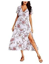 Auxo Vestido maxi floral sin mangas, cuello redondo, bolsillos largos, vestido de verano informal hawaiano