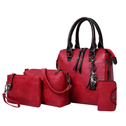 4 Pcs Bags,AgrinTol Women Pattern Solid Handbag+Crossbody Bag+Messenger Bag+Card Package (Wine)