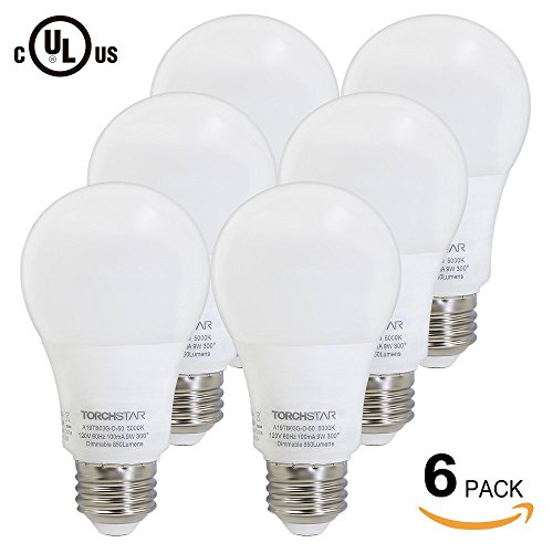 TORCHSTAR #Dimmable# A19 LED Light Bulb, 9W (60W Equivalent), 5000K Daylight, 850lm, 300Â° Beam Angle, E26 Medium Base, 3 YEARS WARRANTY, Pack of 6