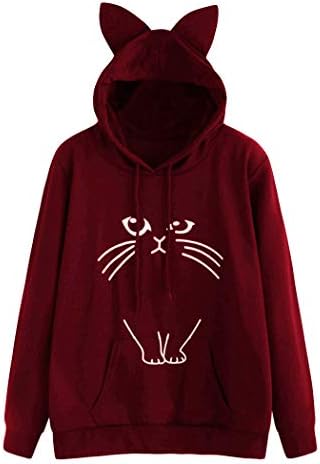Cats Hoody Linqi1164 Women Long Sleeve Lovely Animals Print Pockets Shirts with Kangaroo Pockets Sweatshirt Hoodie Jumper Tops Blouse for Teens Girls