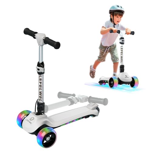 LEFELWEL Kids Electric Scooter, Flashing Deck & Wheels, Reliable Thumb Throttle, 5Mph Safe Speed, 80min Ride Time, 3 Adjustable Height, Foldable Scooter for Kids Ages 3-9 Christmas Birthday Gift