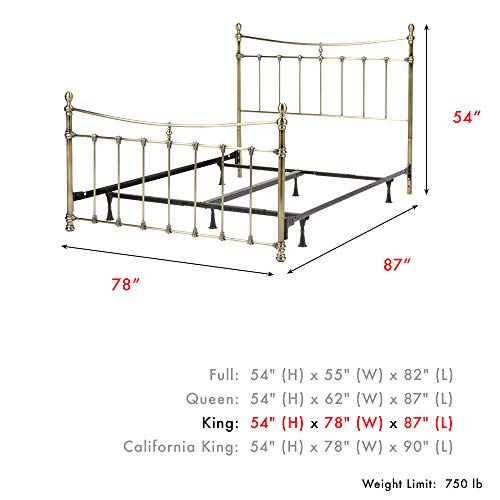 Leggett & Platt Leighton Complete Metal Bed and Steel Support Frame with Straight-Lined Spindles and Scalloped Castings, Glazed Brass Finish, King